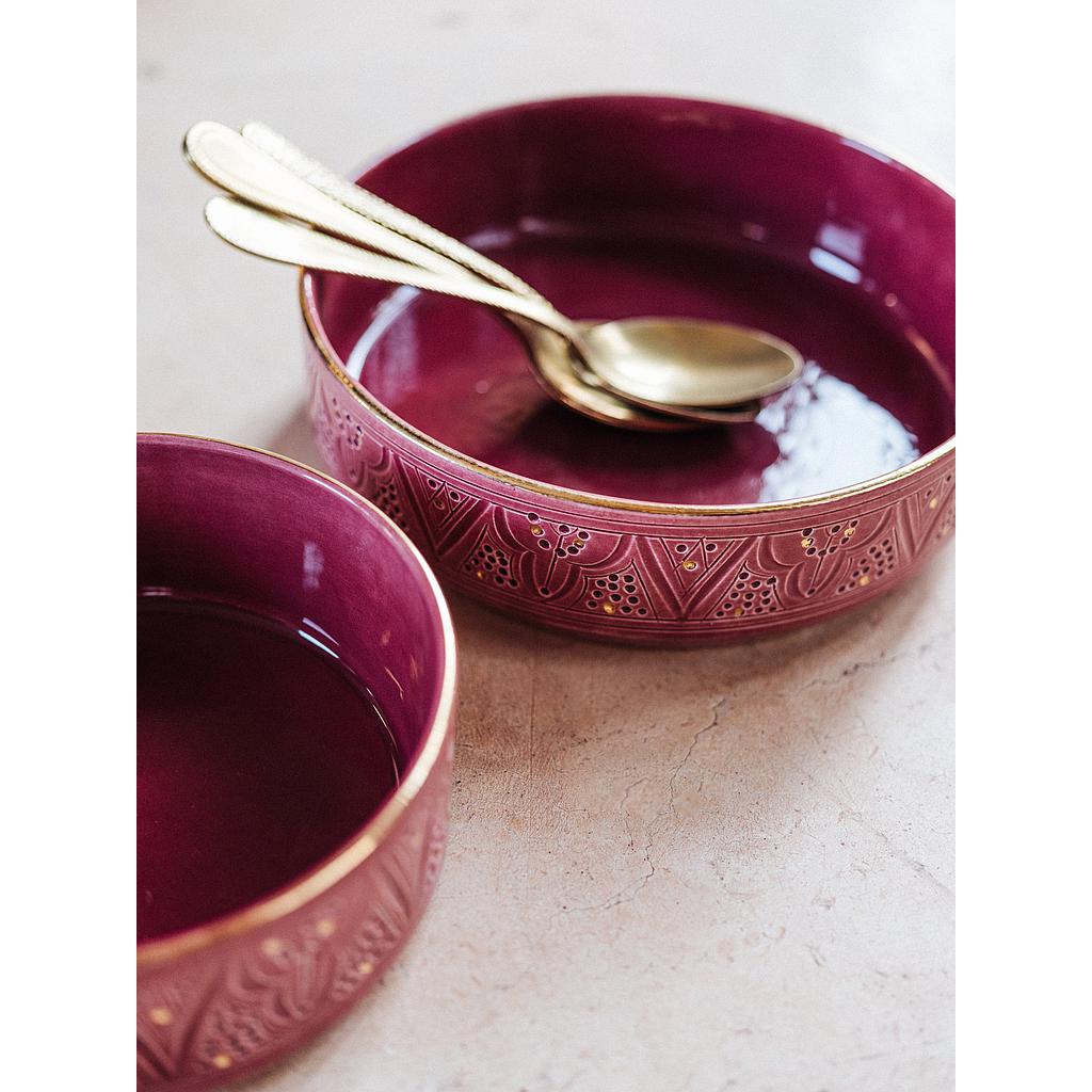 Bol, saladier et plat droits Empreinte aubergine gold