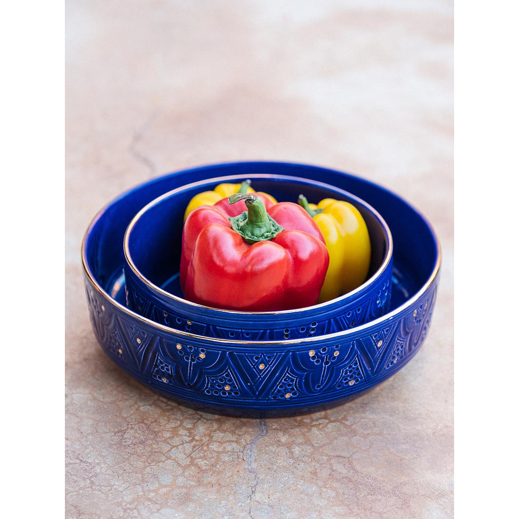 Bol, saladier et plat droits Empreinte bleu majorelle gold