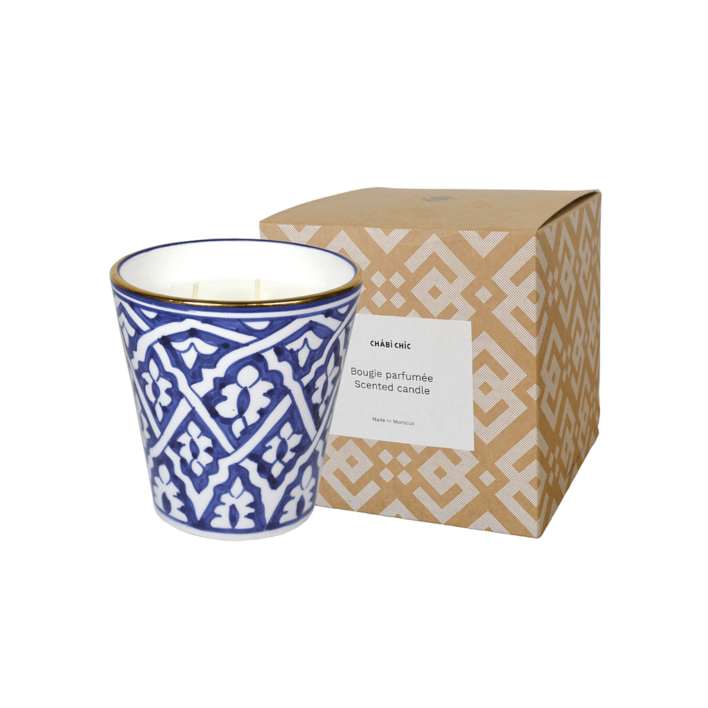 Grande bougie conique Fassia bleu majorelle parfumée fleur d'oranger