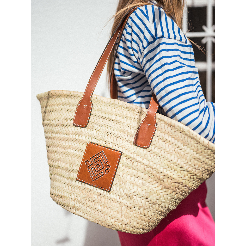 Panier palmier et cuir logo brodé cognac