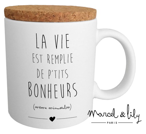 Mug avec son couvercle en liège  La vie est remplie de p'tits bonheurs
