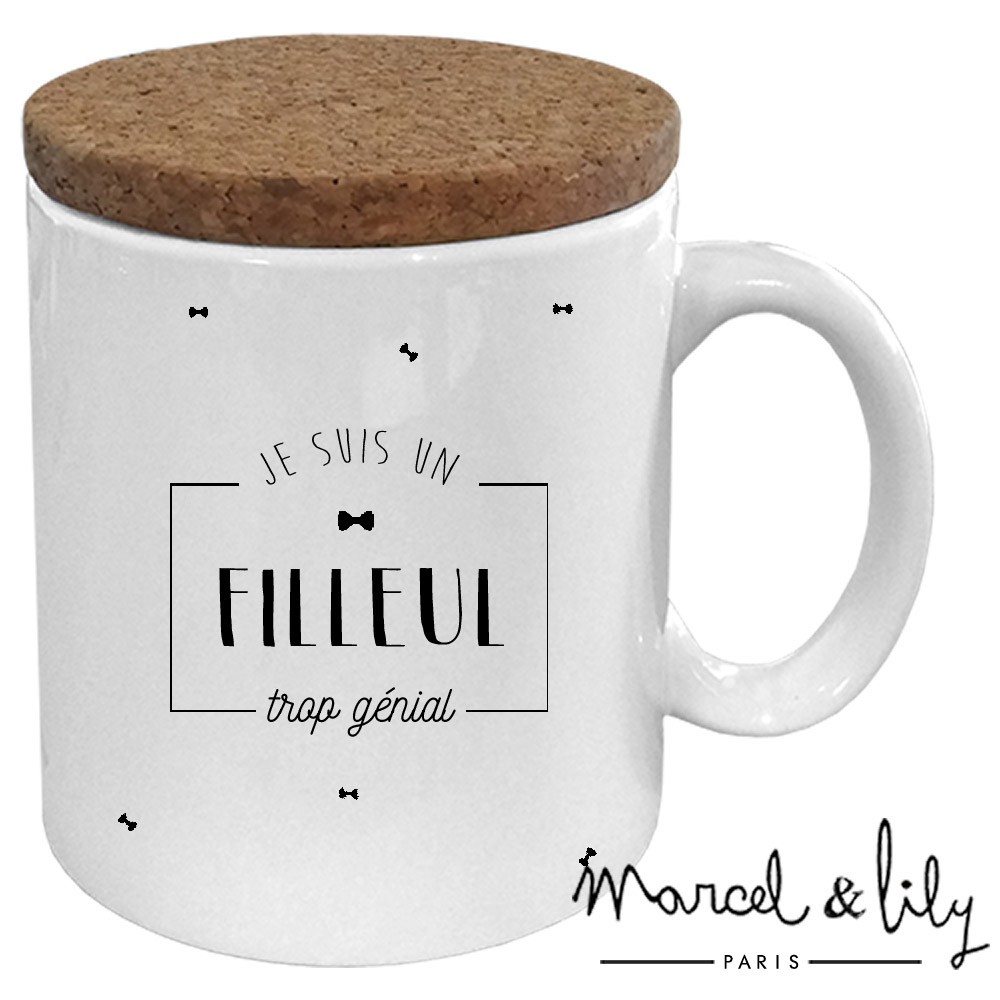 Mug avec son couvercle en liège  je suis un filleul trop génial