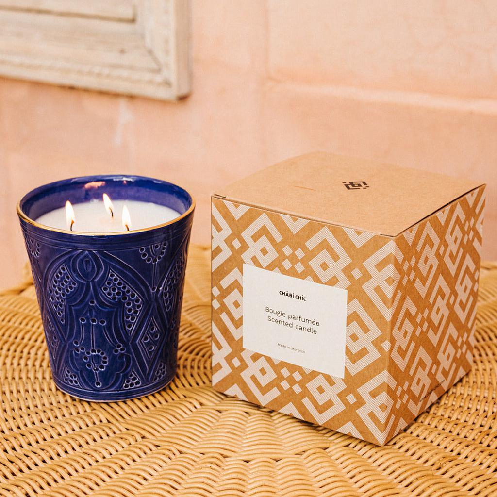 Grande bougie conique Empreinte bleu majorelle parfumée fleur d'oranger