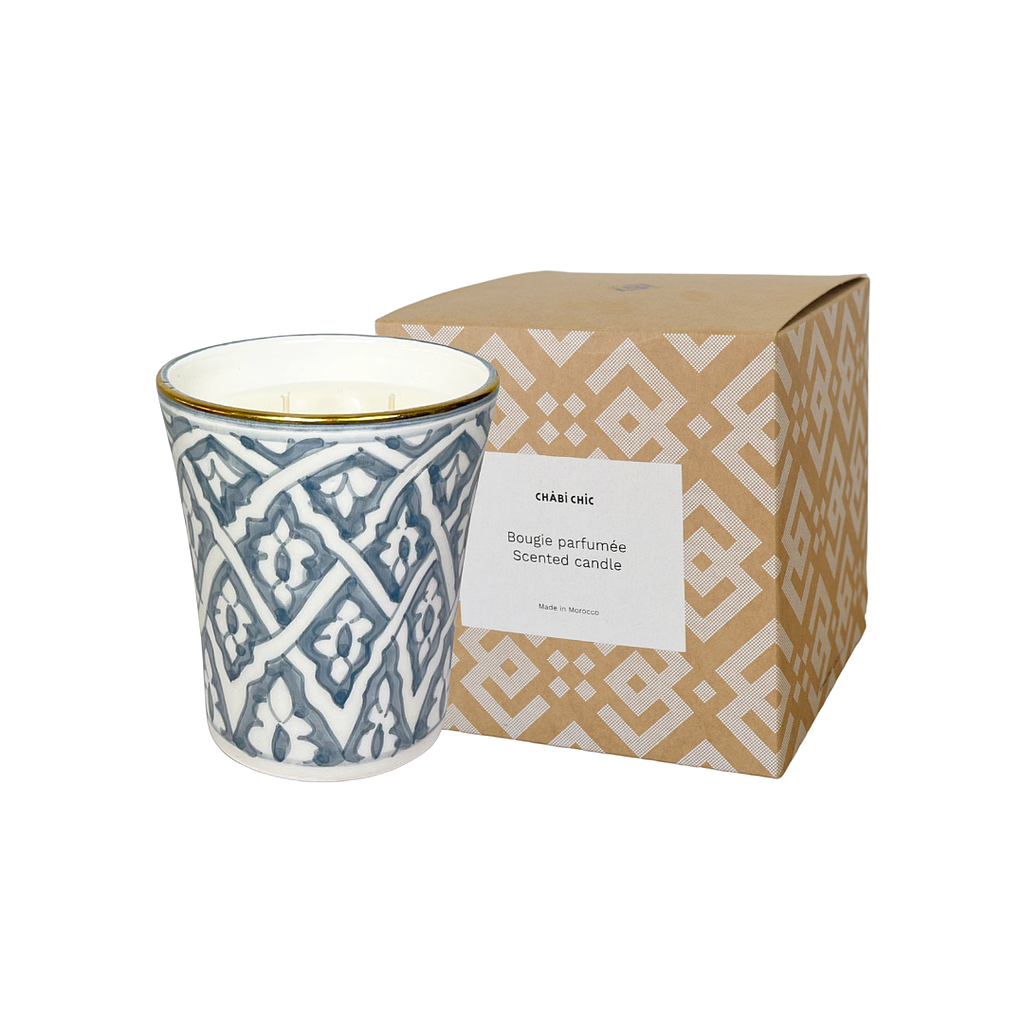 Grande bougie conique Fassia bleu stone parfumée fleur d'oranger gold