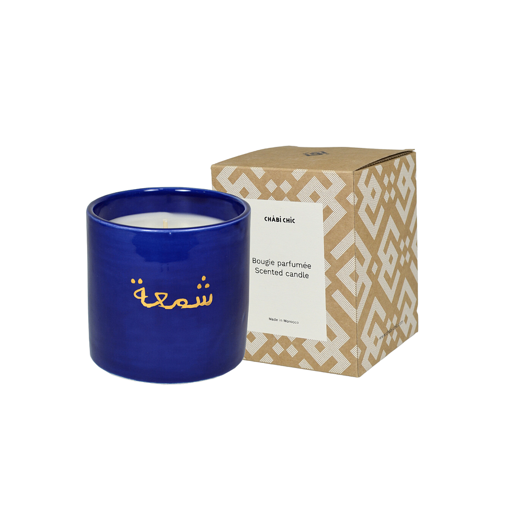 Baby candle mot "CHAMAA" bleu majorelle parfumée fleur d'oranger