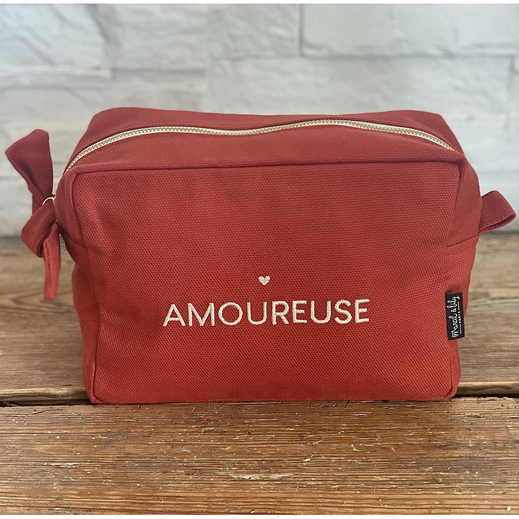 Grande Trousse de toilette brodée "Amoureuse" Tangerine