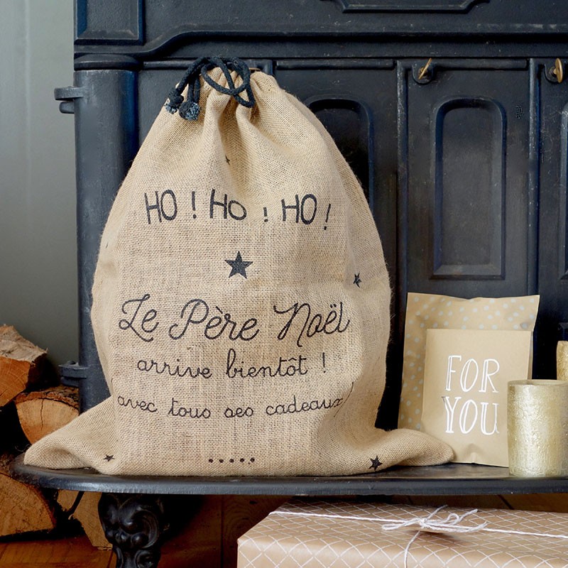 Baluchon en jute Ho! Ho! Ho! Le père Noël arrive bientôt