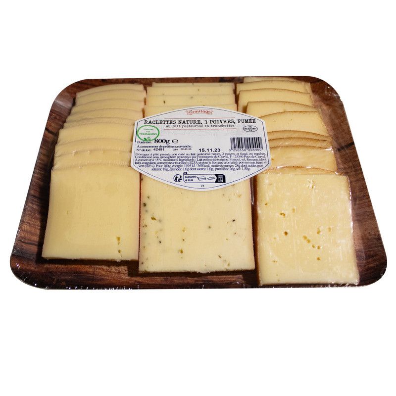 Fromage Raclette tranchée Trio nature, fumée et 3 poivres - 800g